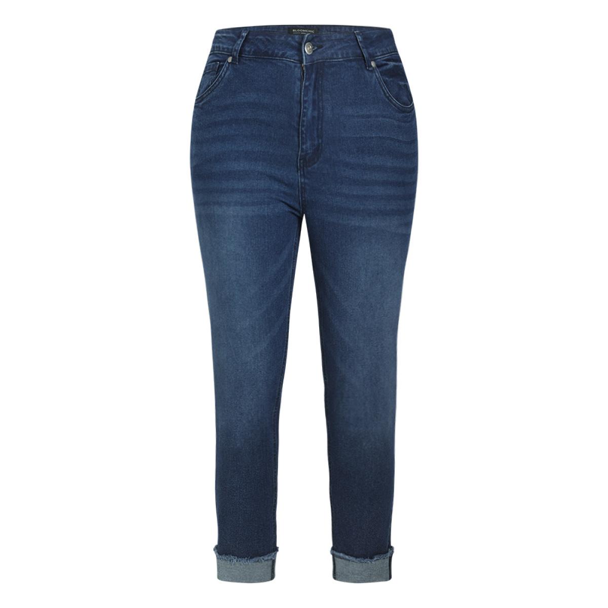 Plus Size Solid Frayed Roll Hem High Rise Jeans Women Blue Casual Plain Plain High stretch Pocket Jeans BloomChic 14/1X Product Image