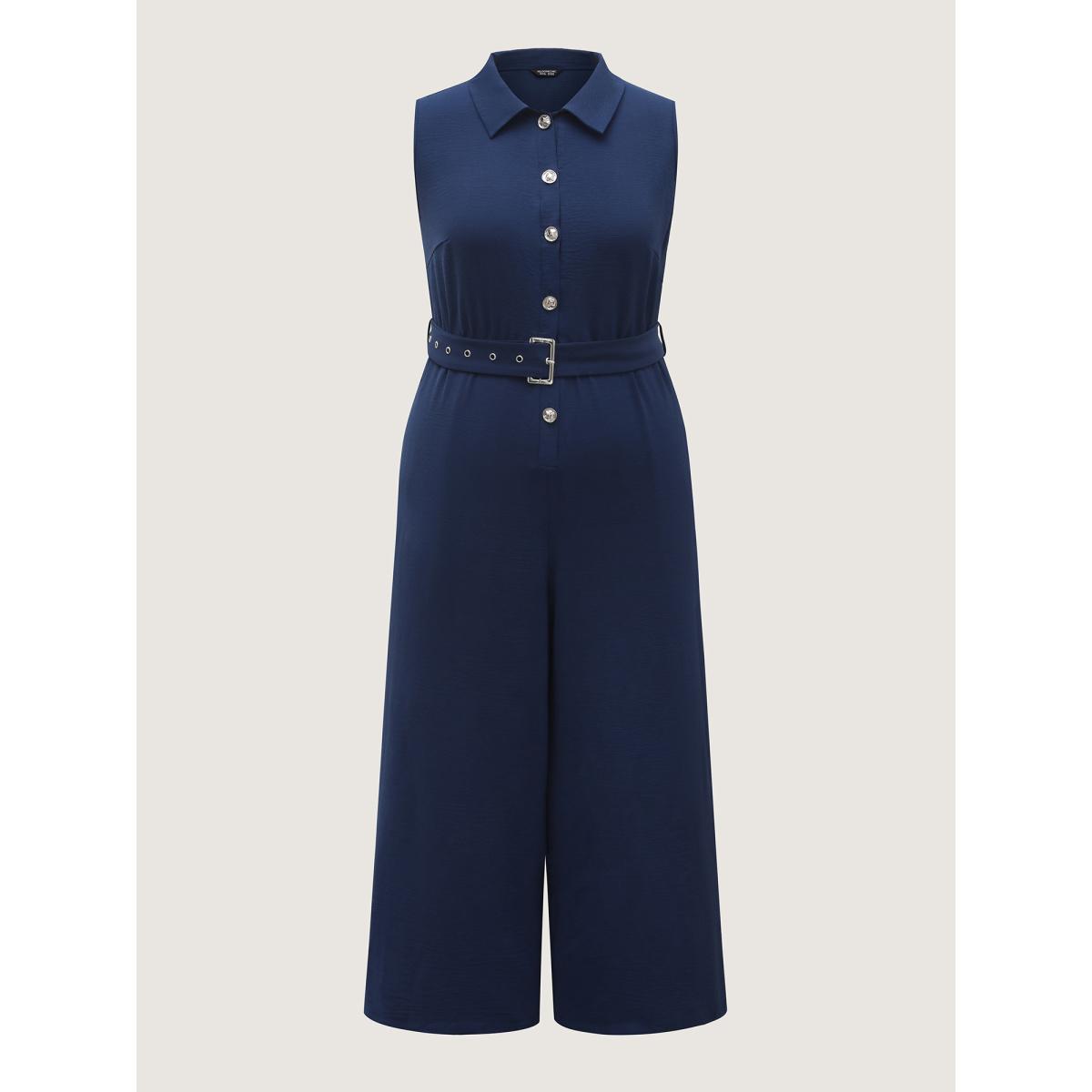 Plus Size Indigo Belted Waist-Cinched Wide-Leg Jumpsuit Women Office Sleeveless Shirt collar Office Loose Jumpsuits BloomChic 12/L Product Image