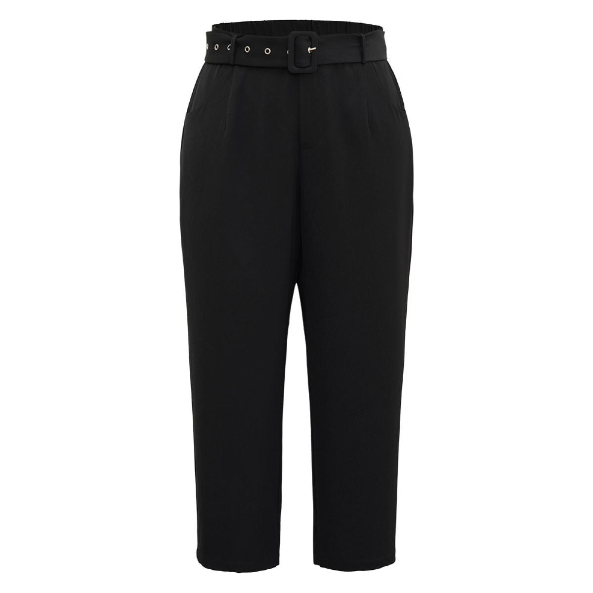 Plus Size Static-Free Buckle Detail Eyelet Pants Women Black Office High Rise Office Pants BloomChic 12/L Product Image