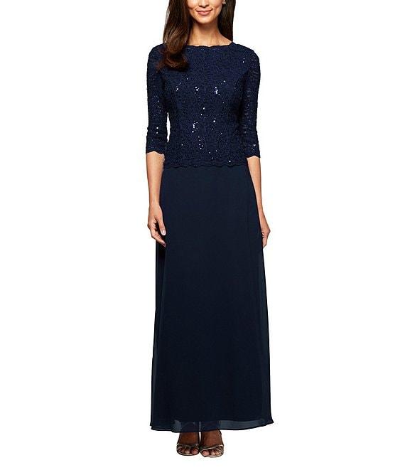 Alex Evenings Petite Size Sequined Lace Bodice Crew Neck 3/4 Sleeve Chiffon Skirted Gown Product Image