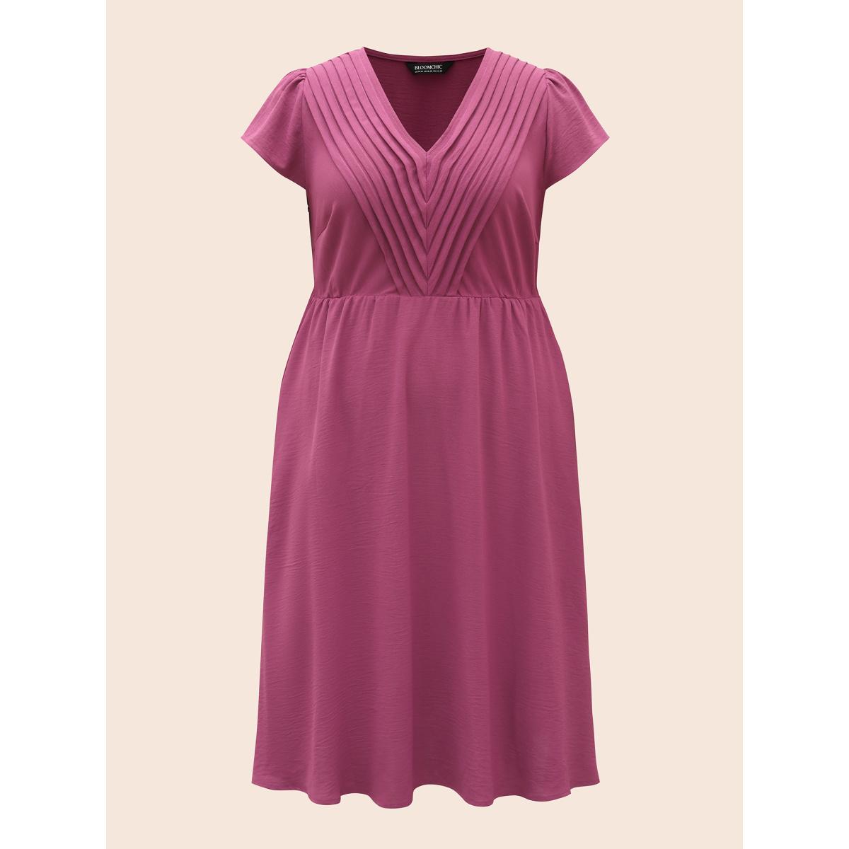 Plus Size Solid Ruffle Trim V Neck Pocket Pleated Front Dress RedViolet Women Elegant Pleated V-neck Cap Sleeve Curvy Midi Dress BloomChic 30/6X Product Image