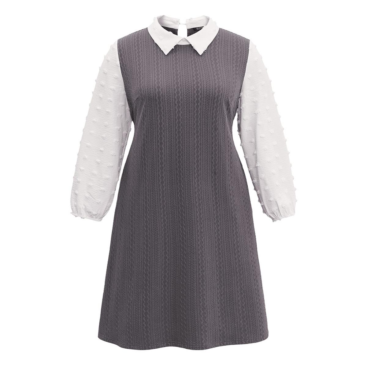 Plus Size Peter Pan Collar Contrast Textured Patchwork Dress Gray Women Office Elastic cuffs Peter Pan Collar Long Sleeve Curvy Midi Dress BloomChic 18-20/2X Product Image