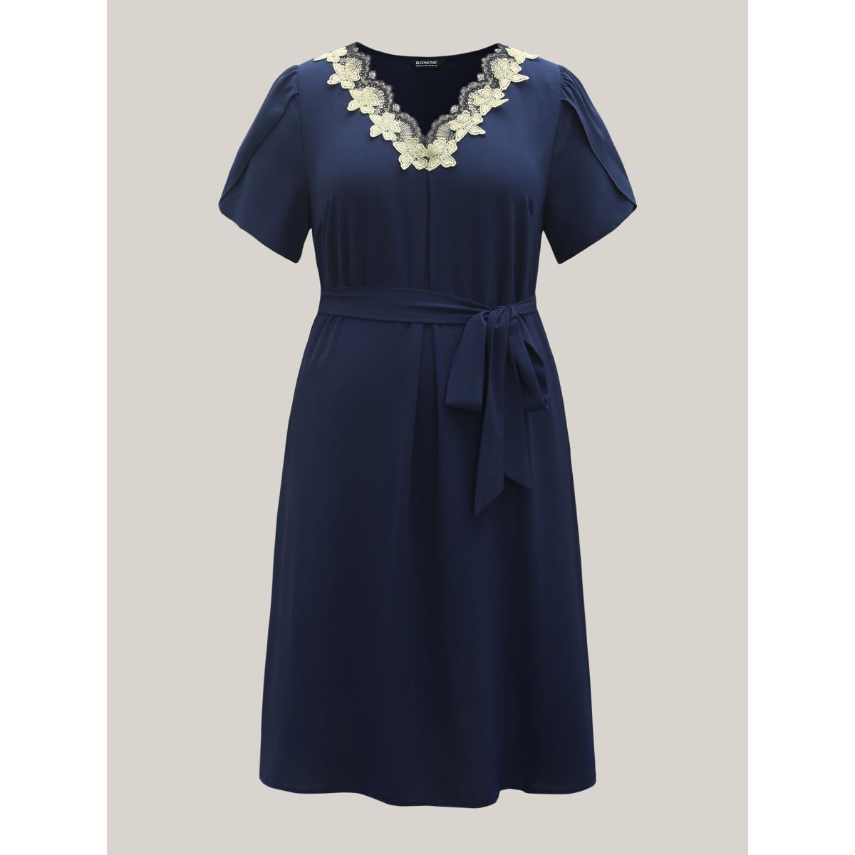 Plus Size Petal Sleeve Pleated Pockets Midi Dress DarkGreen Women Office Round Neck Short sleeve Curvy BloomChic 10/M Product Image