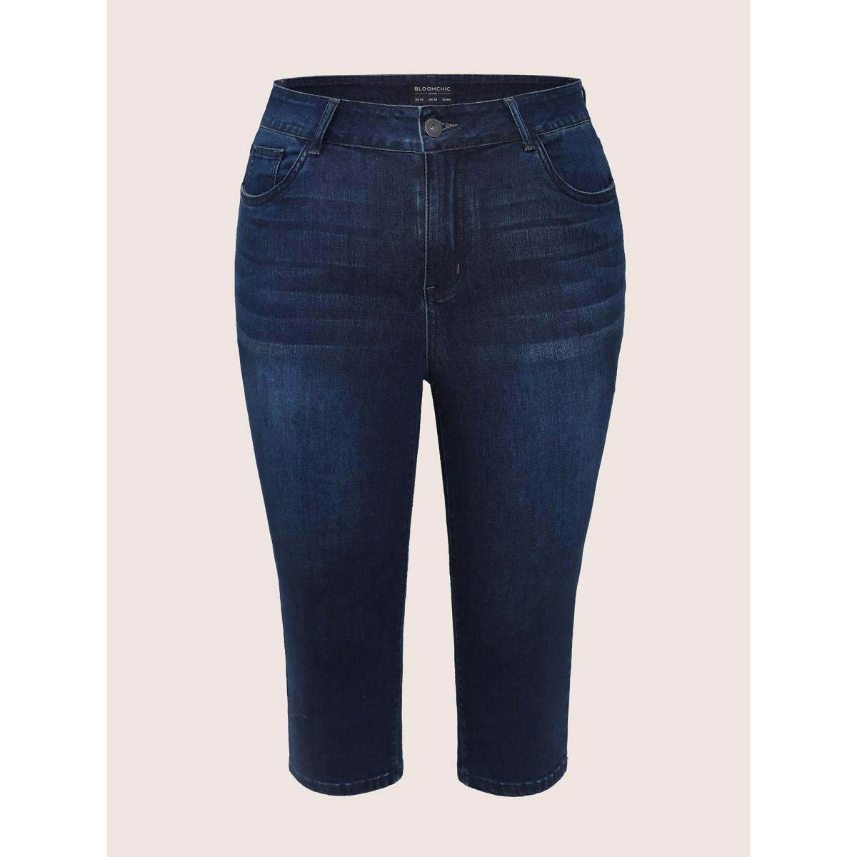Plus Size Dark Wash Below The Knees Pocket Jeans Women Indigo Casual Plain Button High stretch Slanted pocket Jeans BloomChic 14/1X Product Image