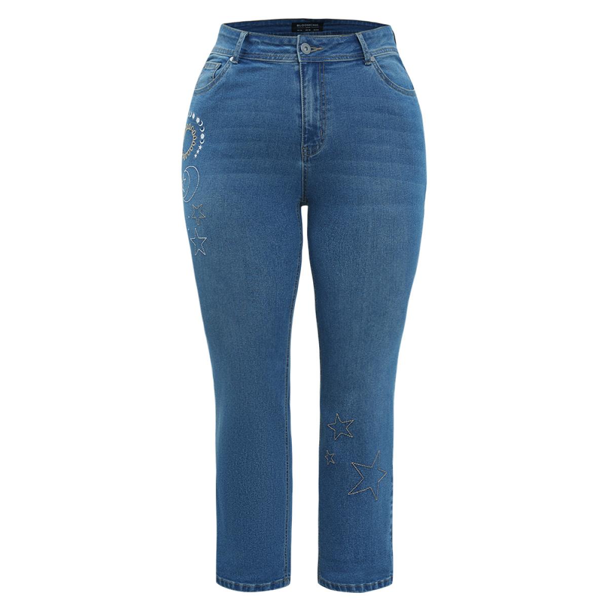 Plus Size Very Stretchy High Rise Moon & Star Embroidered Jeans Women Blue Casual Star and moon Roll Hem High stretch Pocket Jeans BloomChic 28/5X Product Image