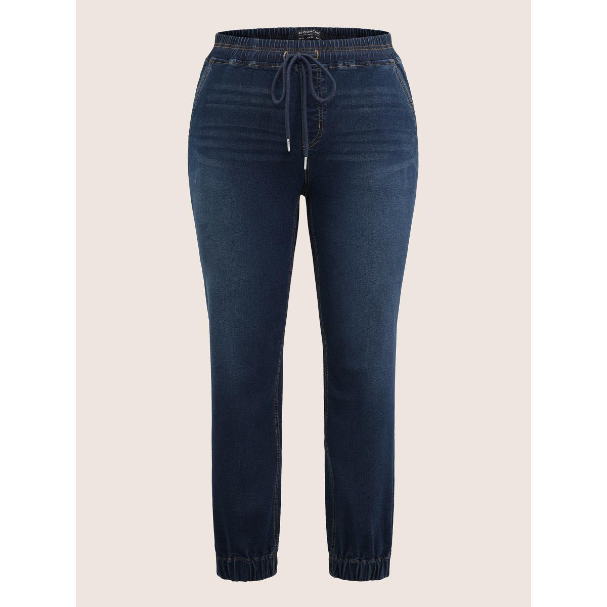 Plus Size Dark Wash Drawstring Elastic Waist Jogger Jeans Women DarkBlue Casual Plain Non High stretch Slanted pocket Jeans BloomChic 30/6X Product Image