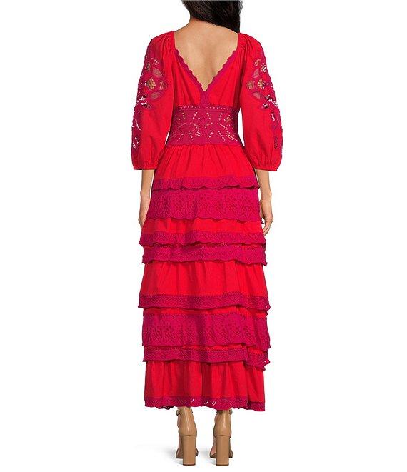 Chelsea & Violet Sierra Crochet V-Neck 3/4 Sleeve Tiered Maxi Dress Product Image