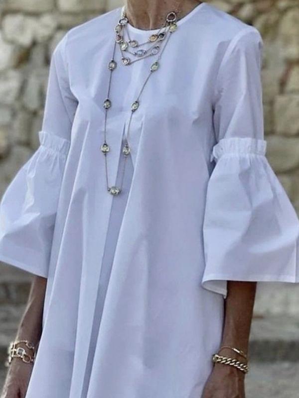 Flared Sleeves Half Sleeves Solid Color Round-Neck Mini Dresses Product Image