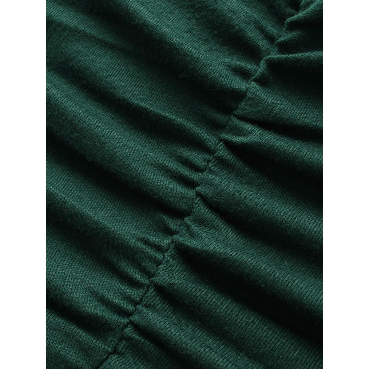 Plus Size Plain Gathered Button Detail T-shirt DarkGreen Women Leisure Gathered Plain Round Neck Casual T-shirts BloomChic 30/6X Product Image
