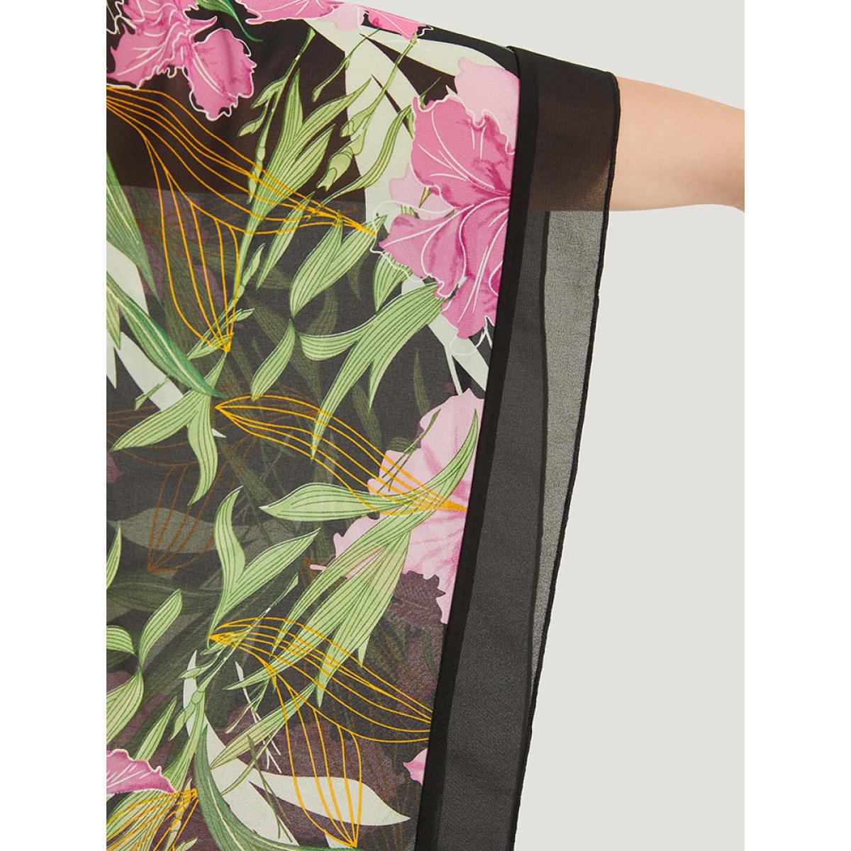 Plus Size Multicolor Floral Ties Batwing Sleeve Hanky Hem Layered Blouse Women Glamour Elbow-length sleeve Tie Neck Going out Blouses BloomChic 10/M Product Image