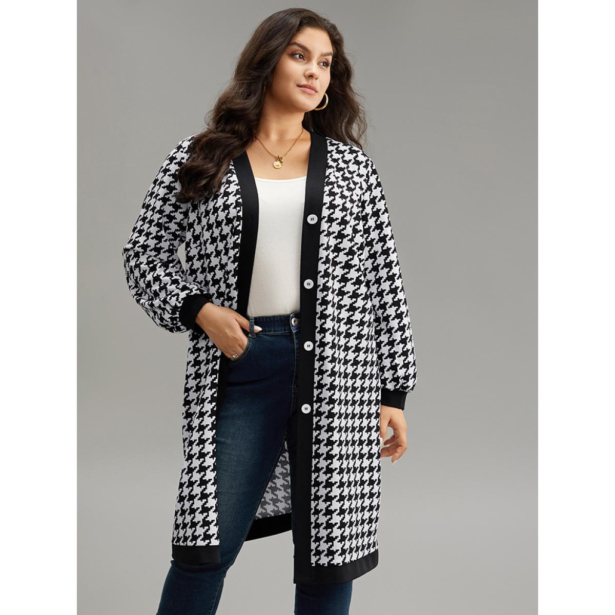 Plus Size Houndstooth Button Through Contrast Trim Jacket Women Black Contrast Dailywear Jackets BloomChic 12/L Product Image