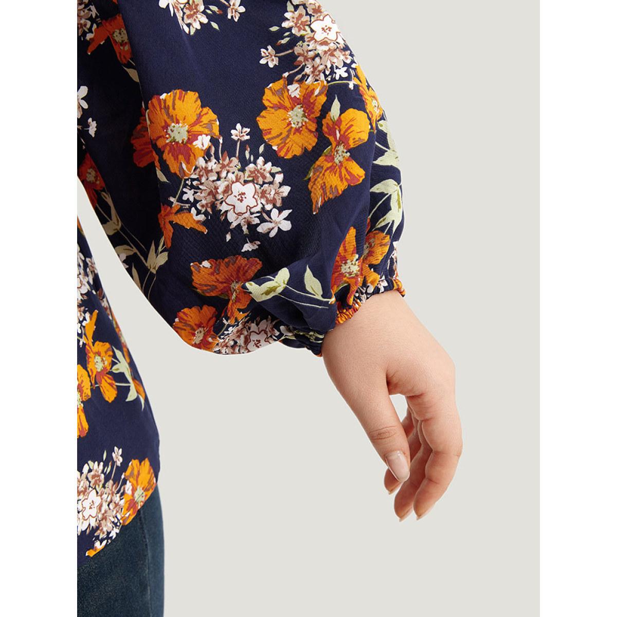 Plus Size Indigo Floral Print Bowknot Ties Lantern Sleeve Blouse Women Elegant Long Sleeve V-neck Dailywear Blouses BloomChic 14-16/1X Product Image