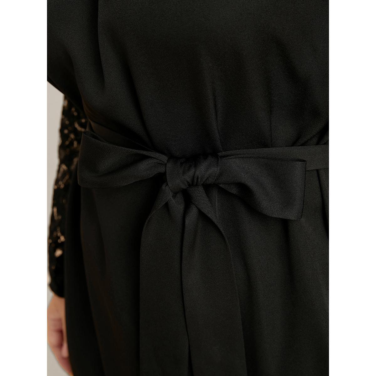 Plus Size Solid Round Neck Belted Contrast Lace Midi Dress Black Women Glamour Patchwork Round Neck Long Sleeve Curvy Midi Dress BloomChic 22-24/3X Product Image