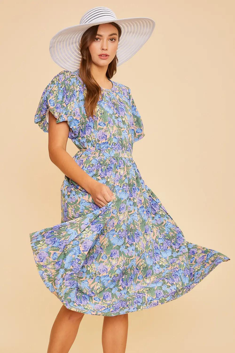 Garden Floral Puff Midi Dress Product Image