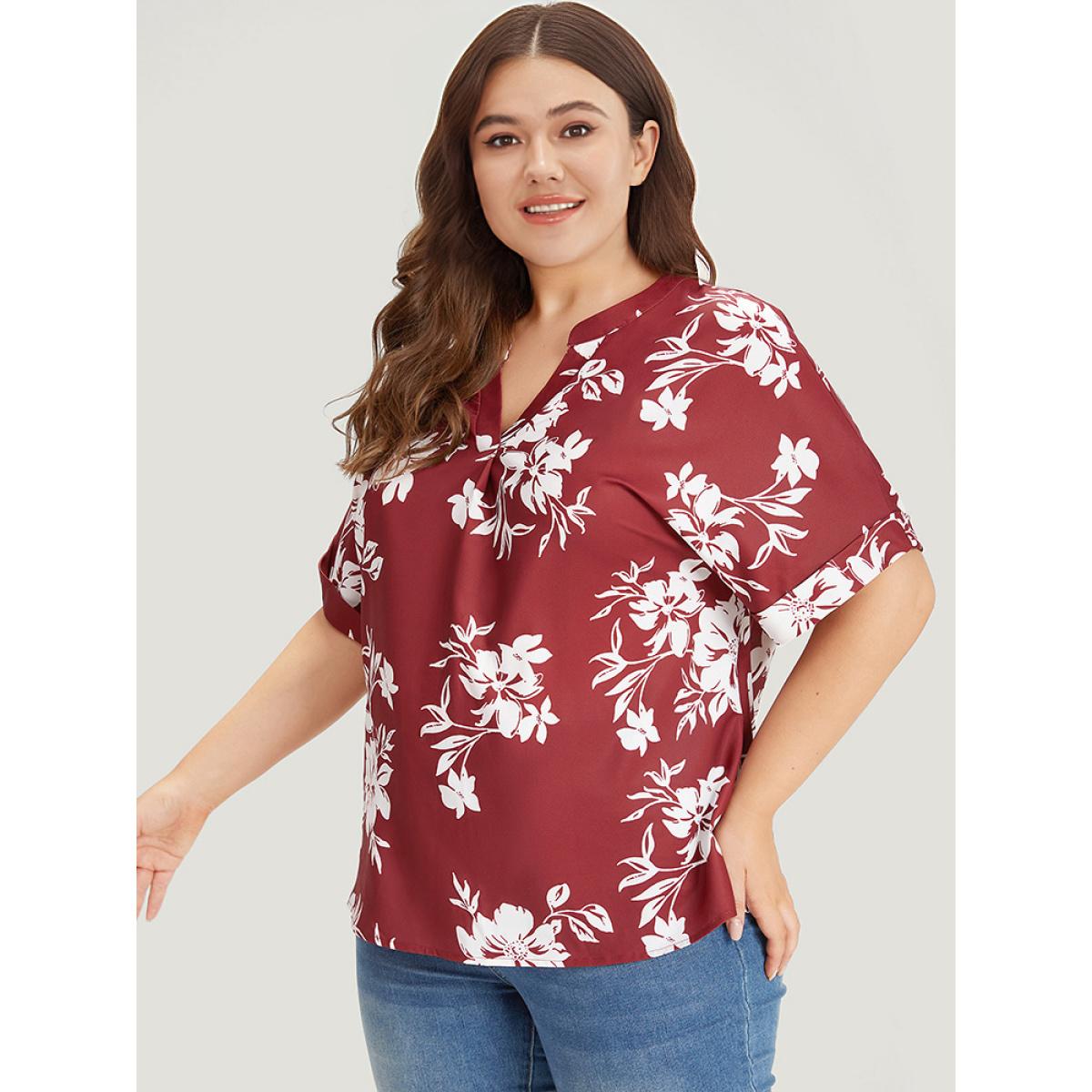 Plus Size Multicolor Silhouette Floral Print Notched Roll Sleeve Blouse Women Elegant Short sleeve V-neck Dailywear Blouses BloomChic 26/4X Product Image