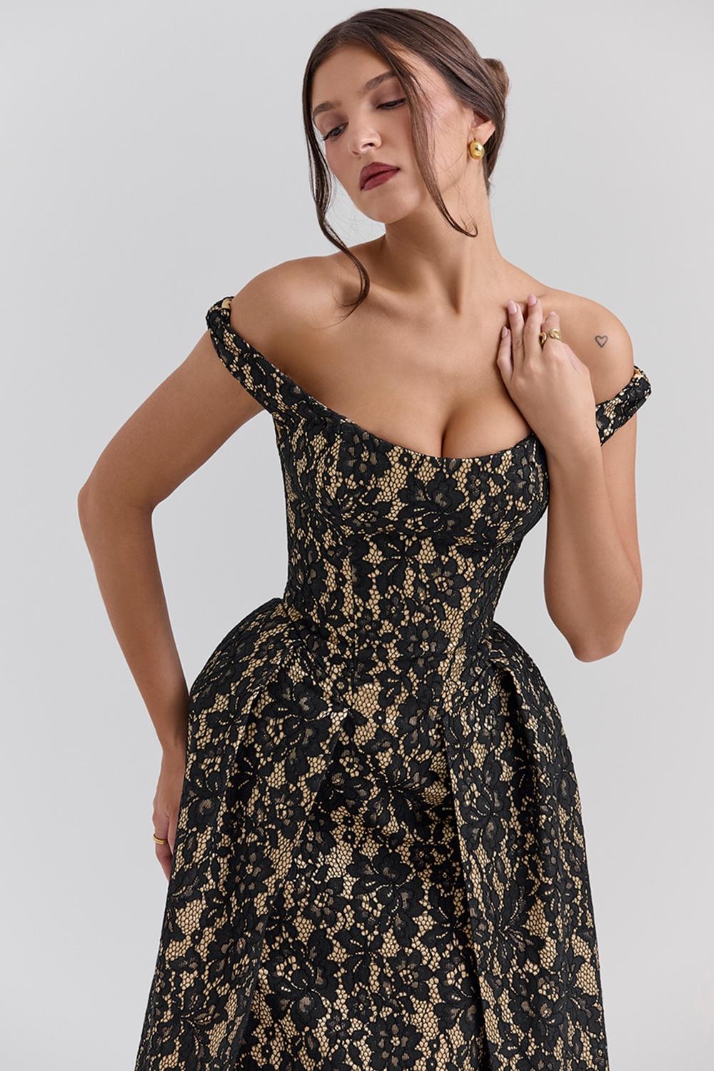 Charming  black gold lace off shoulder midi gown Product Image
