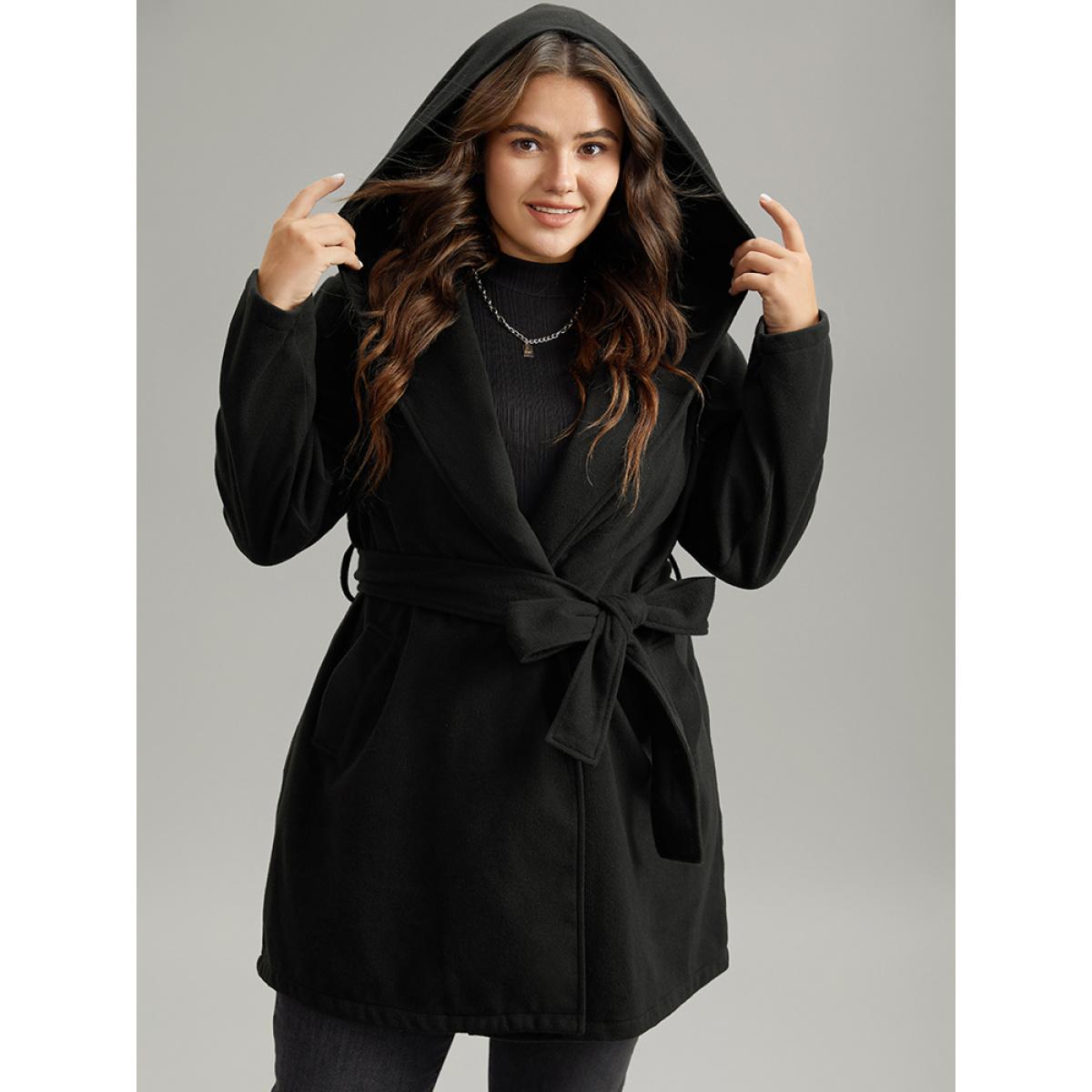 Plus Size Plain Belted Hooded Tunic Pocket Coat Women Black Casual Plain Ladies Dailywear Winter Coats BloomChic 18-20/2X Product Image