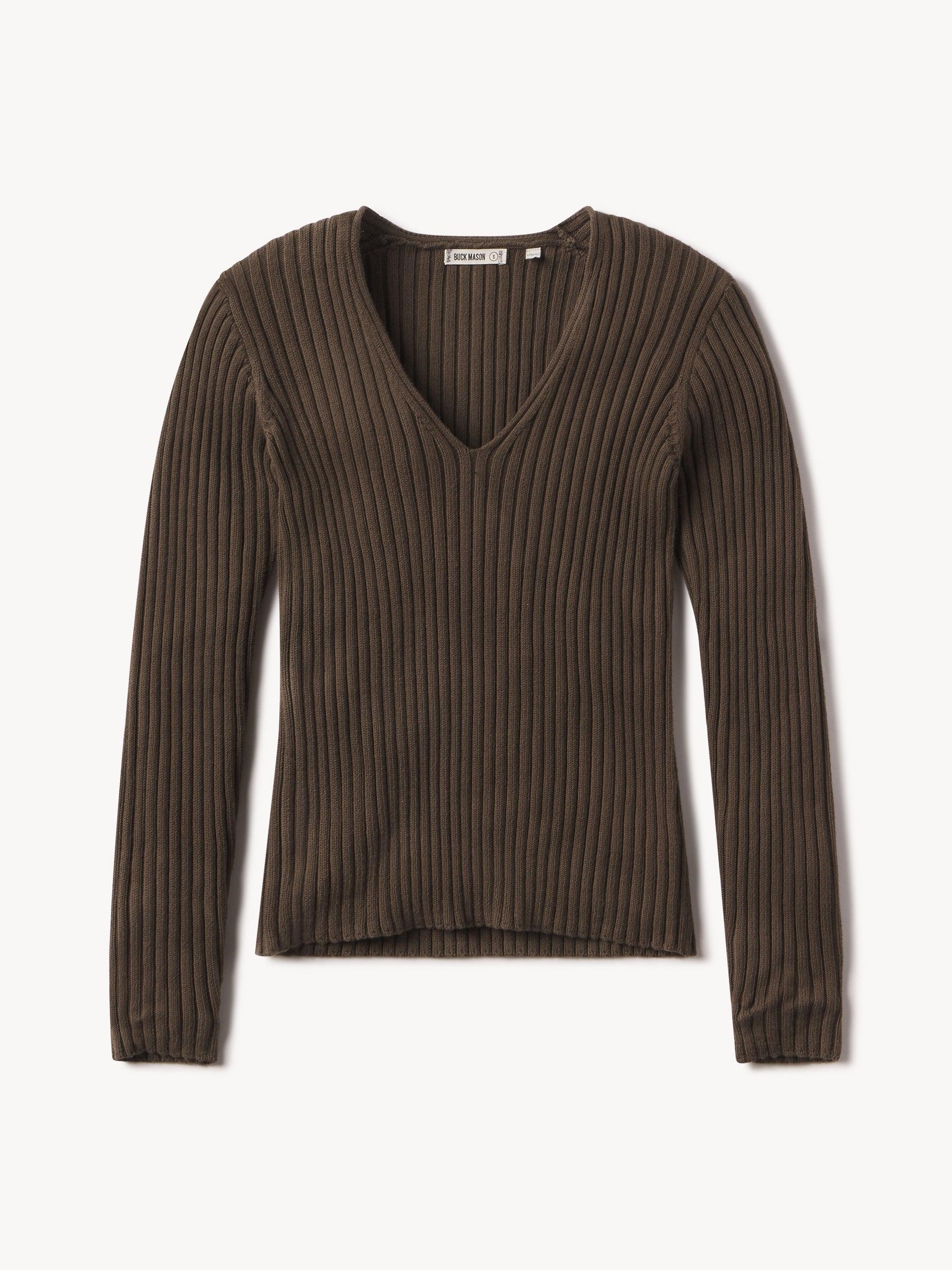 Burnt Chestnut Fluted Rib V-Neck Long Sleeve Product Image