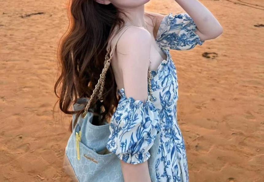 Short-Sleeve Off-Shoulder Floral Print Midi A-Line Dress Product Image