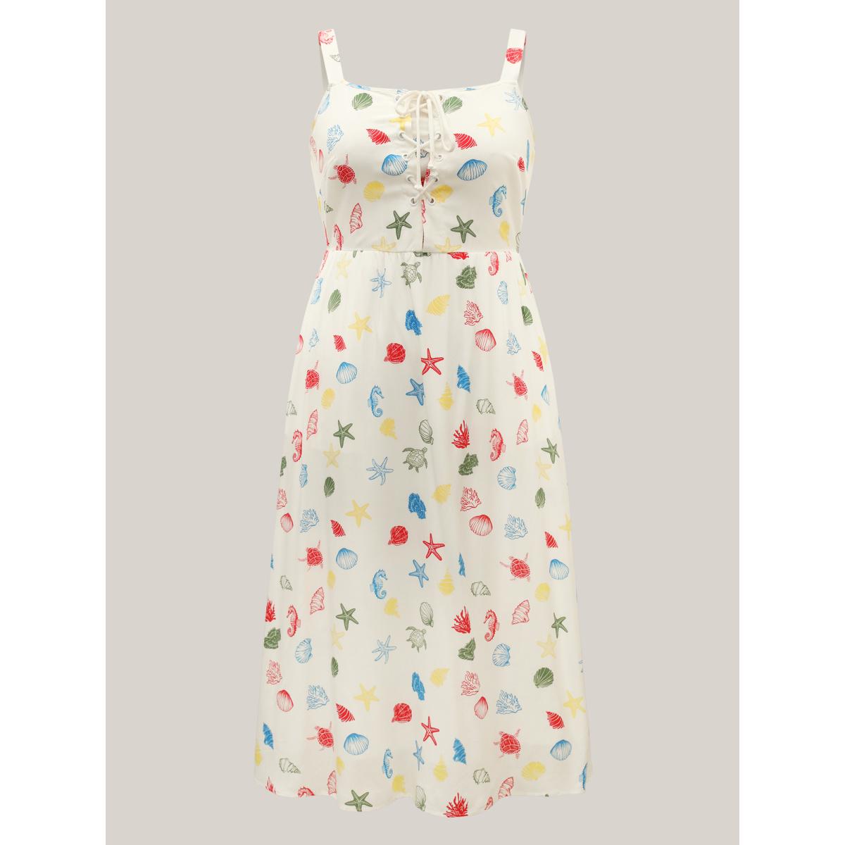 Plus Size Ocean Print Adjustable Straps Pockets Midi Dress Beige Women Non Sleeveless Curvy BloomChic 10/M Product Image