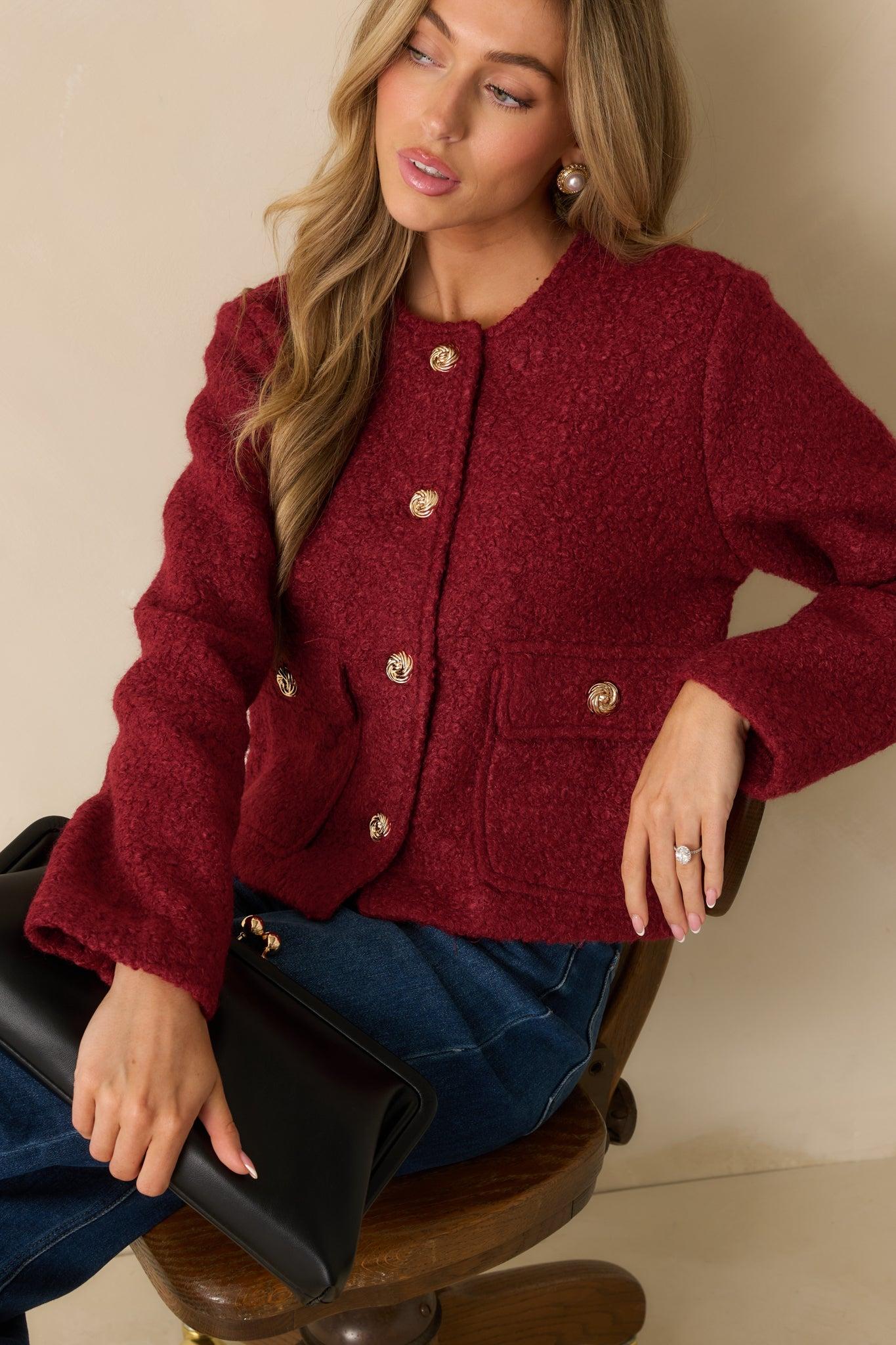 Whispered Warmth Cherry Red Bouclé Button Front Jacket Product Image