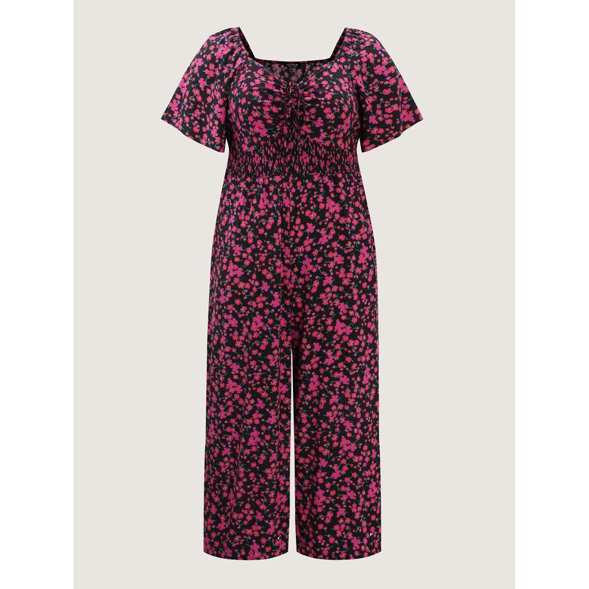 Plus Size BlackFlower Floral Romance Shirred Waist Jumpsuit Women Timeless Short sleeve Heart neckline Elegant Loose Jumpsuits BloomChic 12/L Product Image