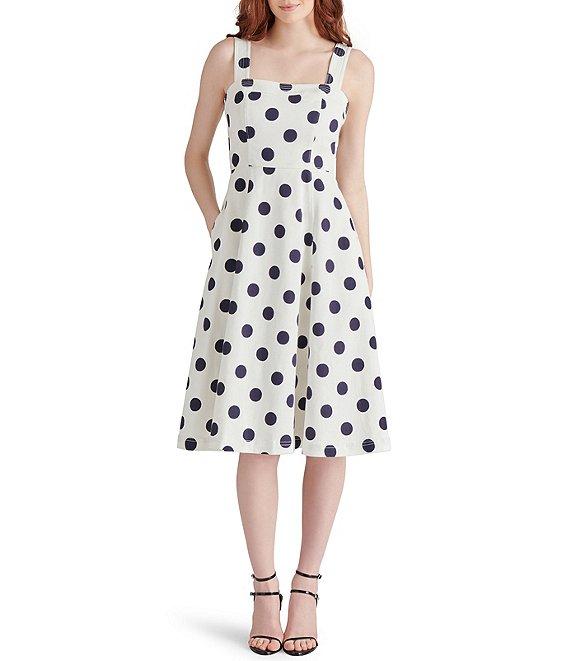 Steve Madden Dolly Woven Dotted Print Square Neck Sleeveless A-Line Midi Dress Product Image