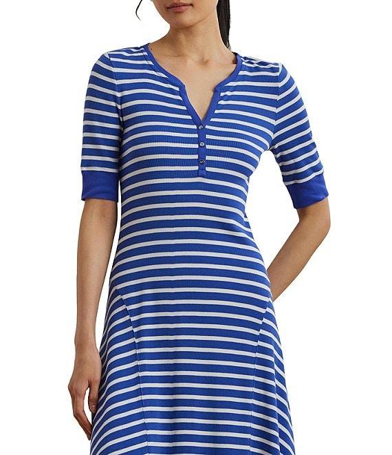 Lauren Ralph Lauren Knit Stripe Print Point Collar Elbow Sleeve Midi Dress Product Image