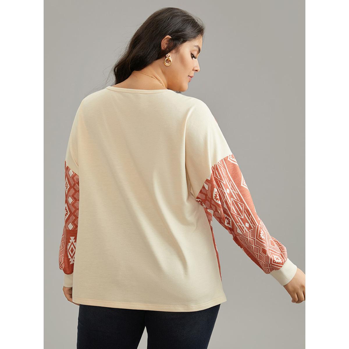 Plus Size Boho Print Patchwork Contrast Button Up Sweatshirt Women Multicolor Casual Contrast Open Front Dailywear Sweatshirts BloomChic 18-20/2X Product Image