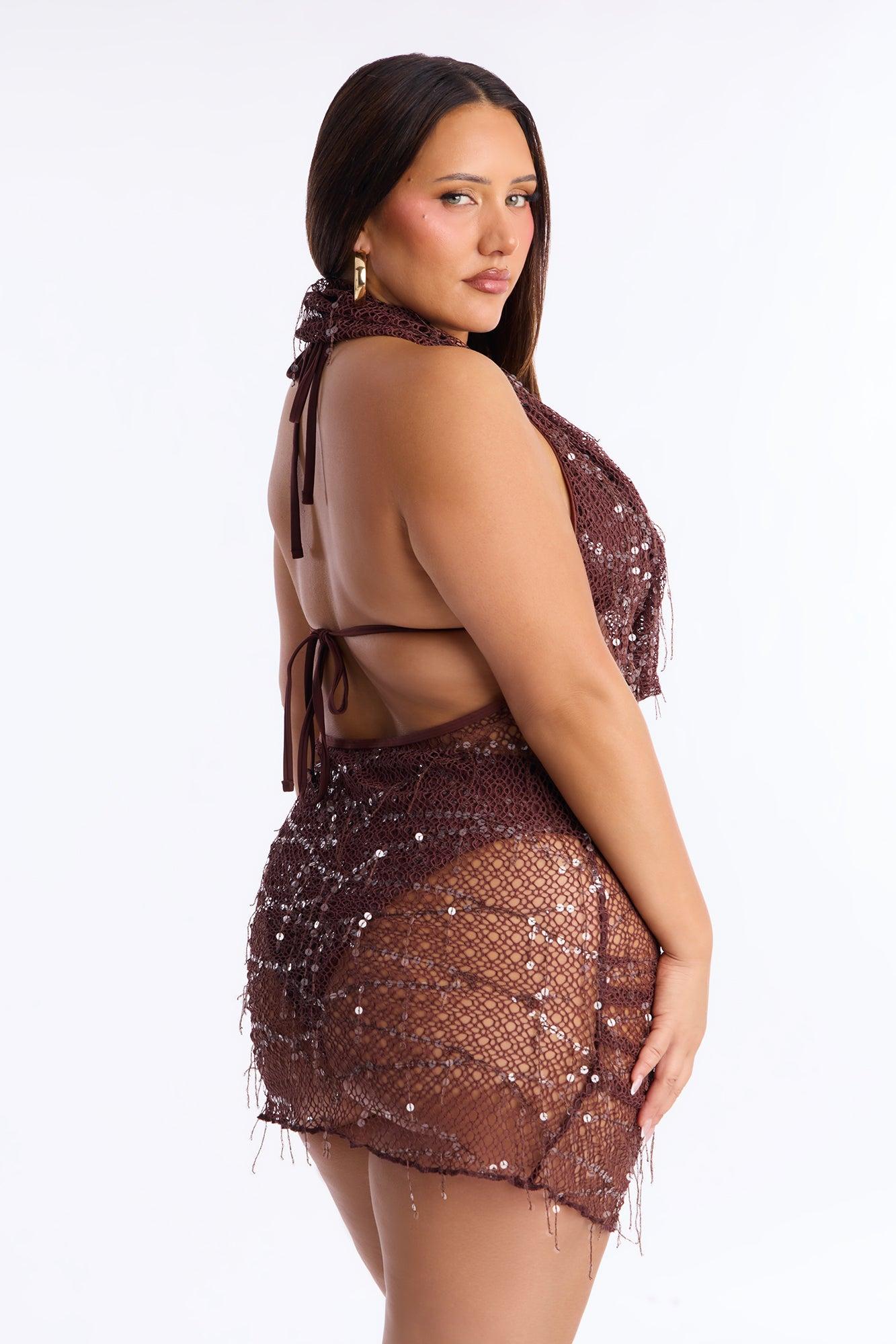 Drinks On Me Sequin 3 Piece Bikini & Dress Set - Brown Female Product Image