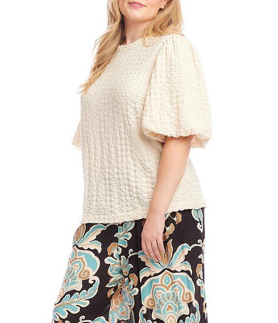 Karen Kane Plus Size Bubble Textured Crew Neck Elbow Puff Sleeve Top Product Image