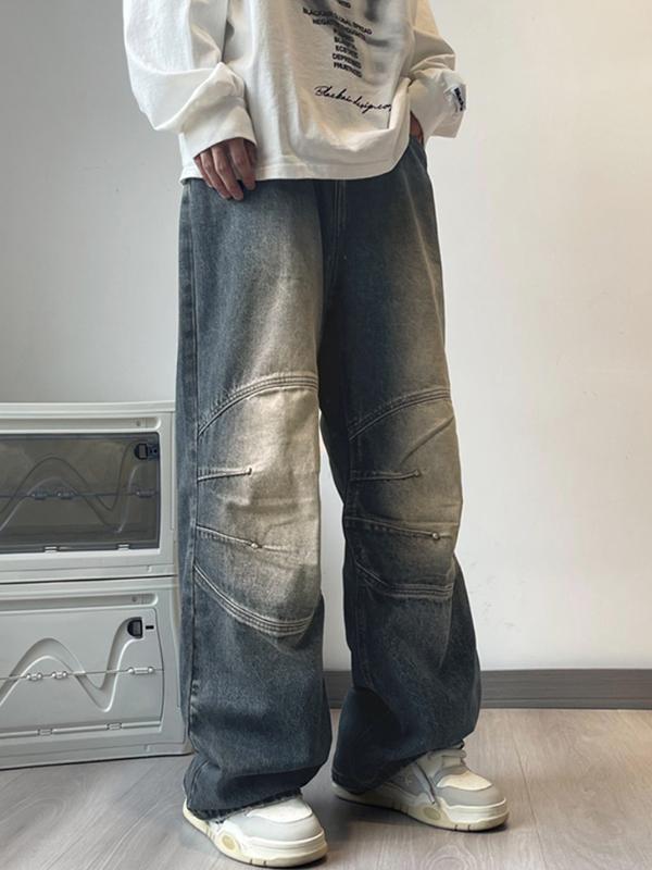 Men's Washed Distressed Ruched Loose Jeans Product Image