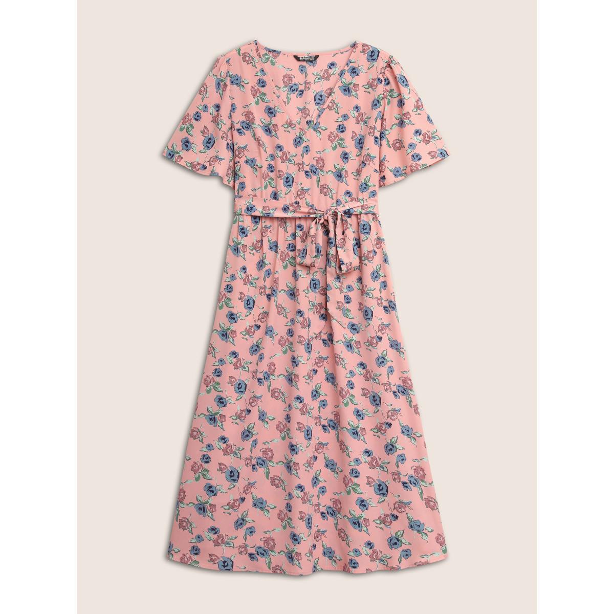Plus Size Floral Print V Neck Pleated Belted Dress Rouge Women Elegant Non V-neck Short sleeve Curvy Midi Dress BloomChic 18-20/2X Product Image