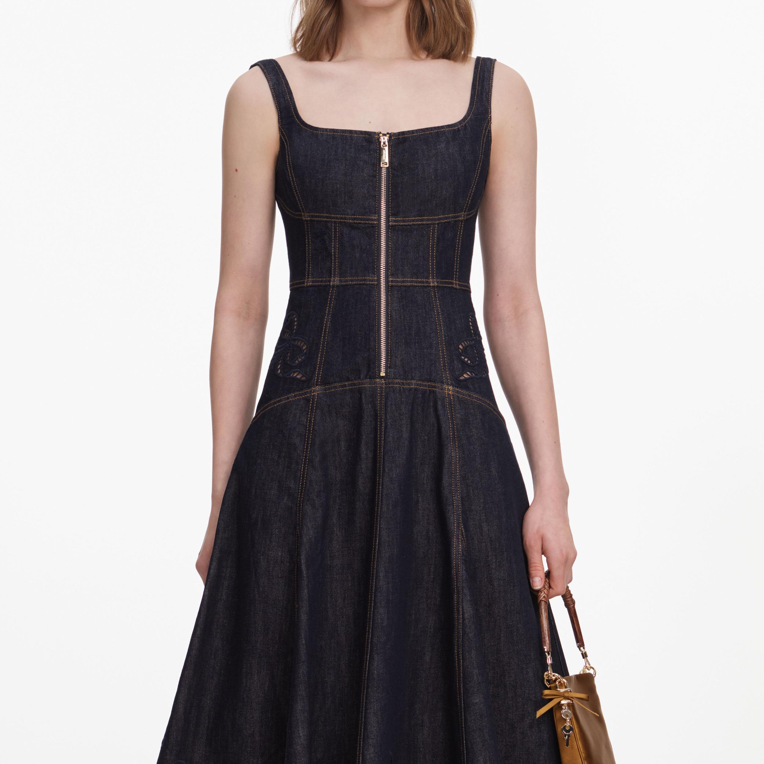 Indigo Denim Bow Embroidered Mini Dress Product Image
