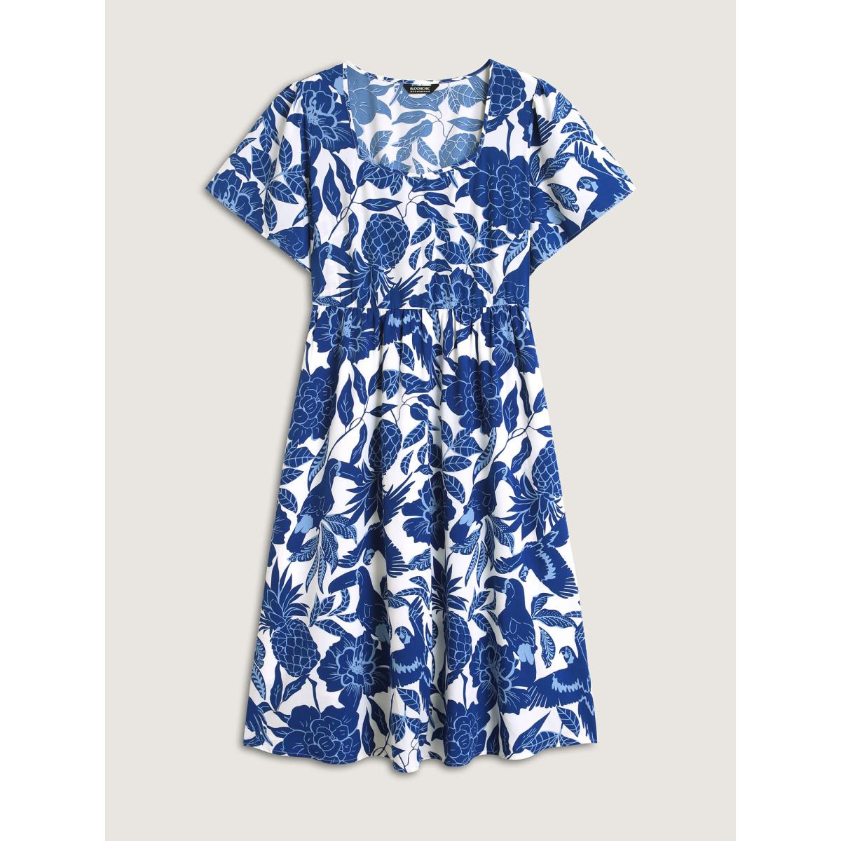 Plus Size Large Floral Print Pockets Midi Dress DarkBlue Women Heart neckline Short sleeve Curvy BloomChic 22-24/3X Product Image