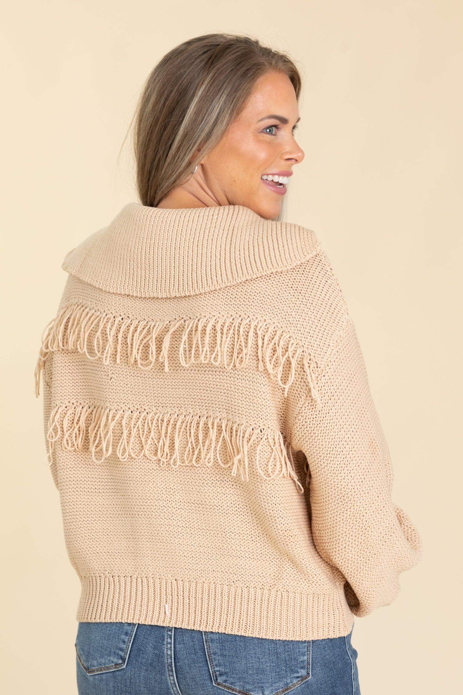 Tan V-Neck Frayed Edge Solid Sweater Product Image