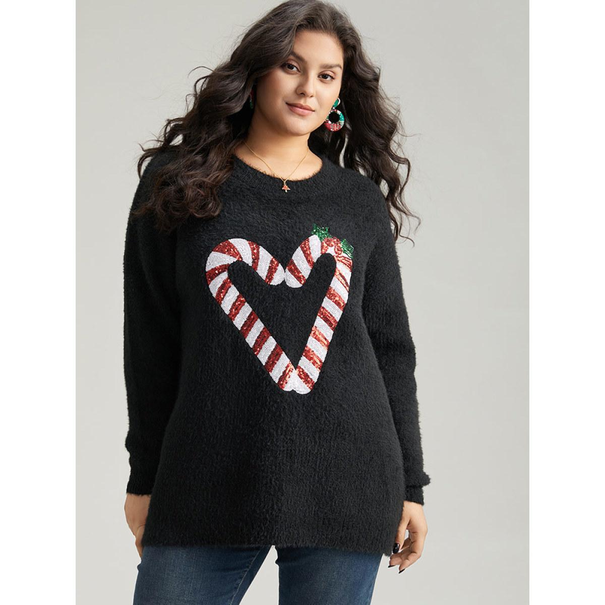 Plus Size Sequin Christmas Heart Graphic Pullover Black Women Casual Loose Long Sleeve Round Neck Festival-Christmas Pullovers BloomChic 12/L Product Image