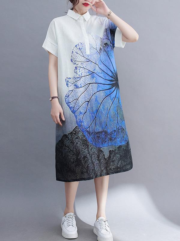 Artistic Retro Floral Printed Buttoned Lapel Collar Short Sleeves Midi Shirt Dress Product Image