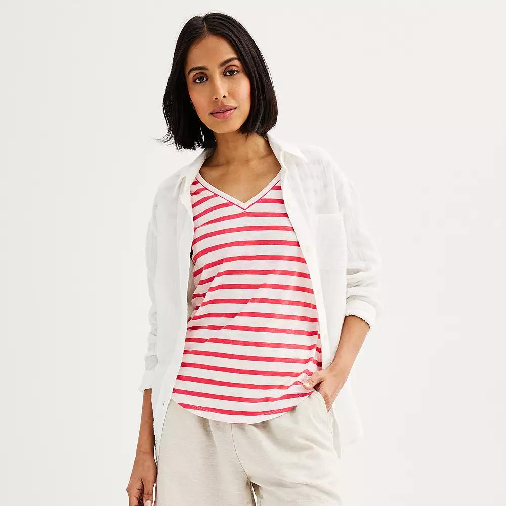 Women's Sonoma Goods For Life® Everyday Short Sleeve V-Neck Tee, Size: XXL, Small Red Stripe Product Image