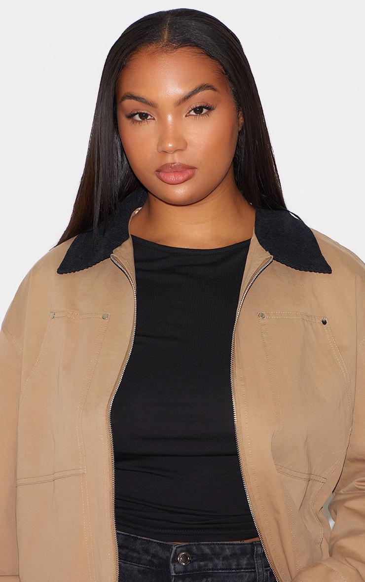 Plus Beige Contrast Collar Pocket Detail Trucker Jacket Product Image