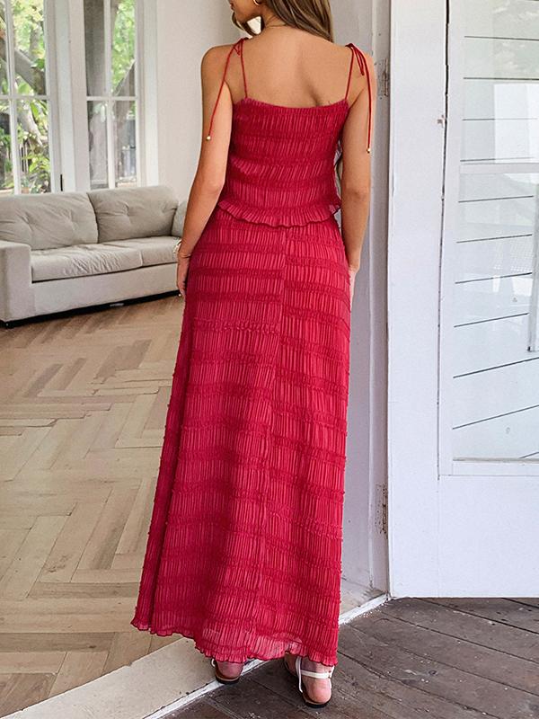 Loose Sleeveless Pleated Solid Color Spaghetti-Neck Vest Top + Drawstring Skirts Bottom Two Pieces Set Product Image