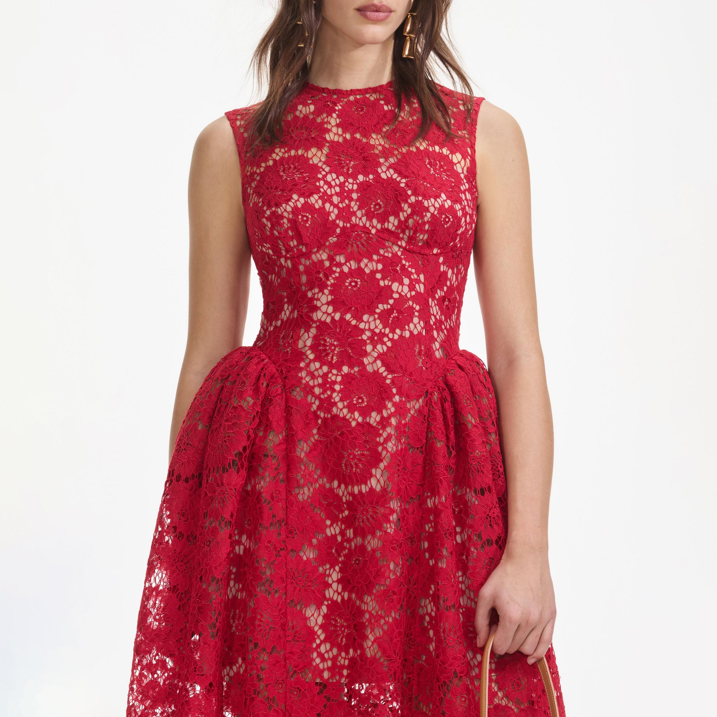 Red Fine Lace Midi Dress Product Image