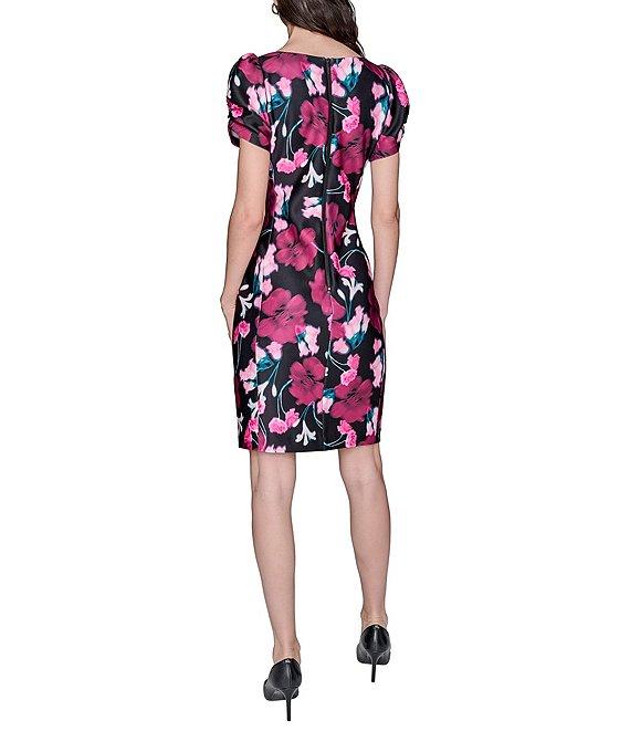 KARL LAGERFELD PARIS Floral Scuba Crew Neck Side Ruched Sheath Dress Product Image