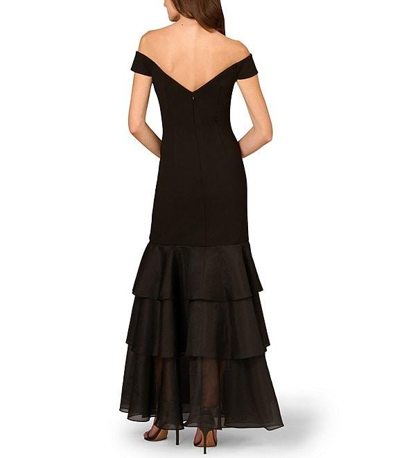 Aidan Mattox Bonded Crepe Off The Shoulder Neck Cap Sleeve Ruffle Tiered Organza Sheath Dress Product Image