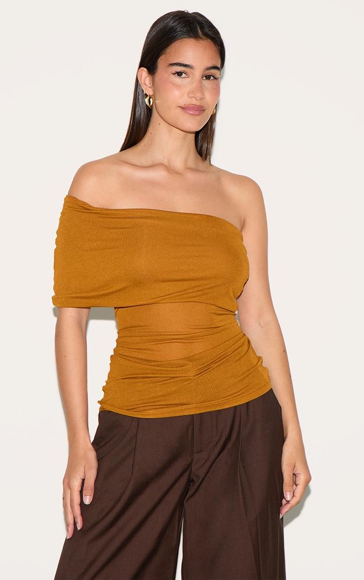 Tan Sheer Soft Touch Fold Over Detail One Shoulder Long Top Product Image