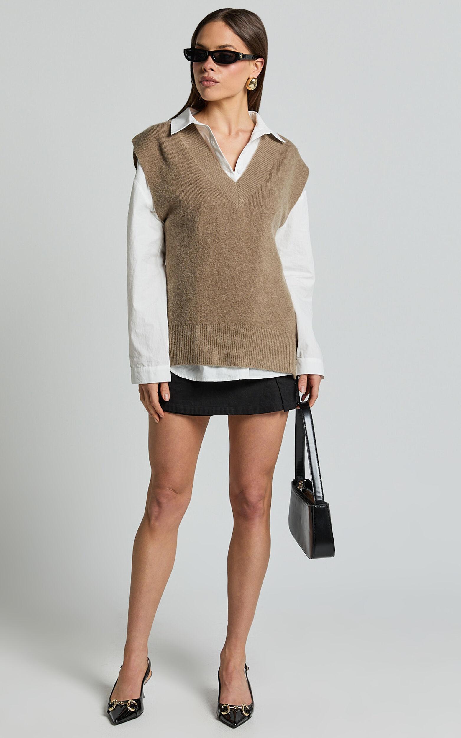 Chenelle Top - Sleeveless Knit Sweater Vest in Biscuit Product Image