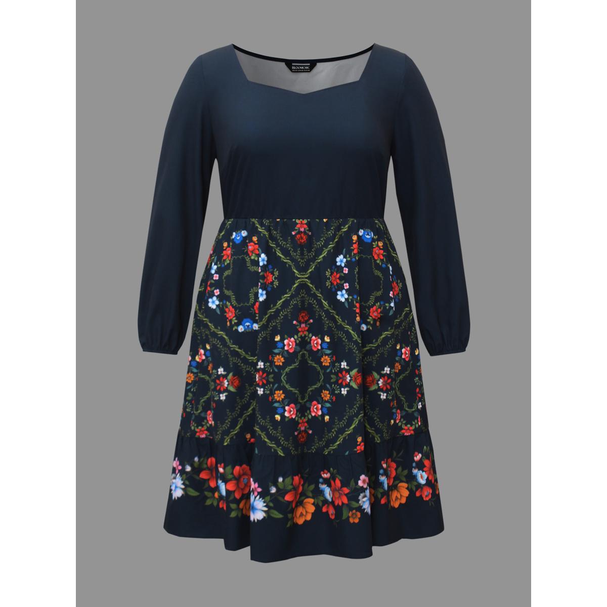 Plus Size Floral Printed Heart neckline Lantern Sleeve Dress DarkBlue Women Elegant Patchwork Heart neckline Long Sleeve Curvy BloomChic 22-24/3X Product Image