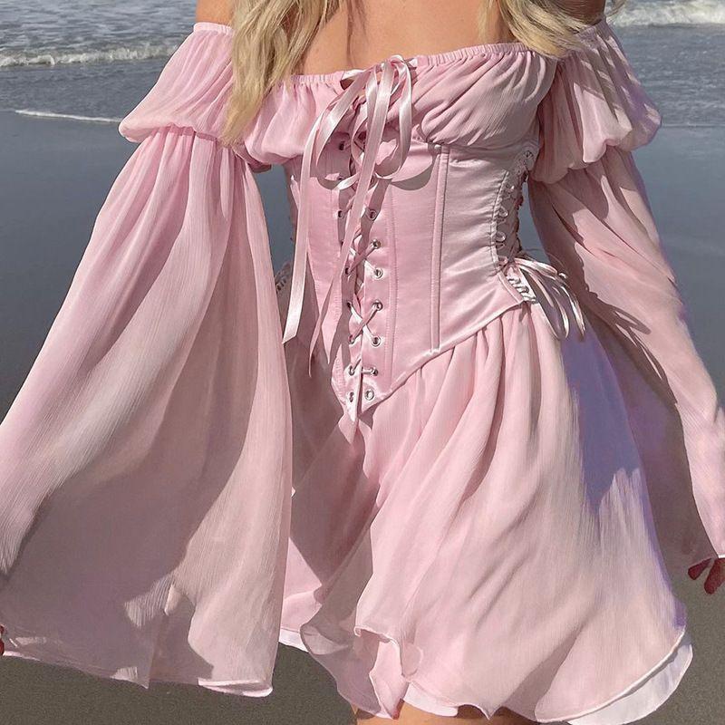 Set: Bell-Sleeve Off-Shoulder Mini Dress + Lace Up Corset Product Image
