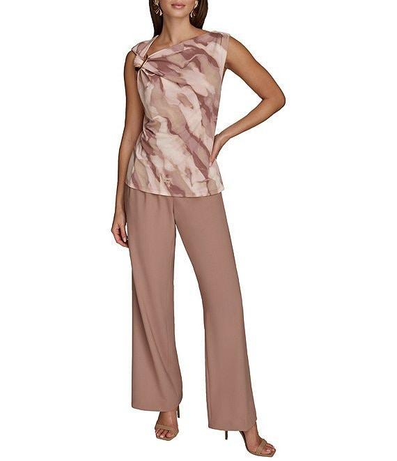 Donna Karan Mink Combo Printed Crepe Jersey Gold Hardware Twist Front Asymmetrical Neck Sleeveless Top Product Image