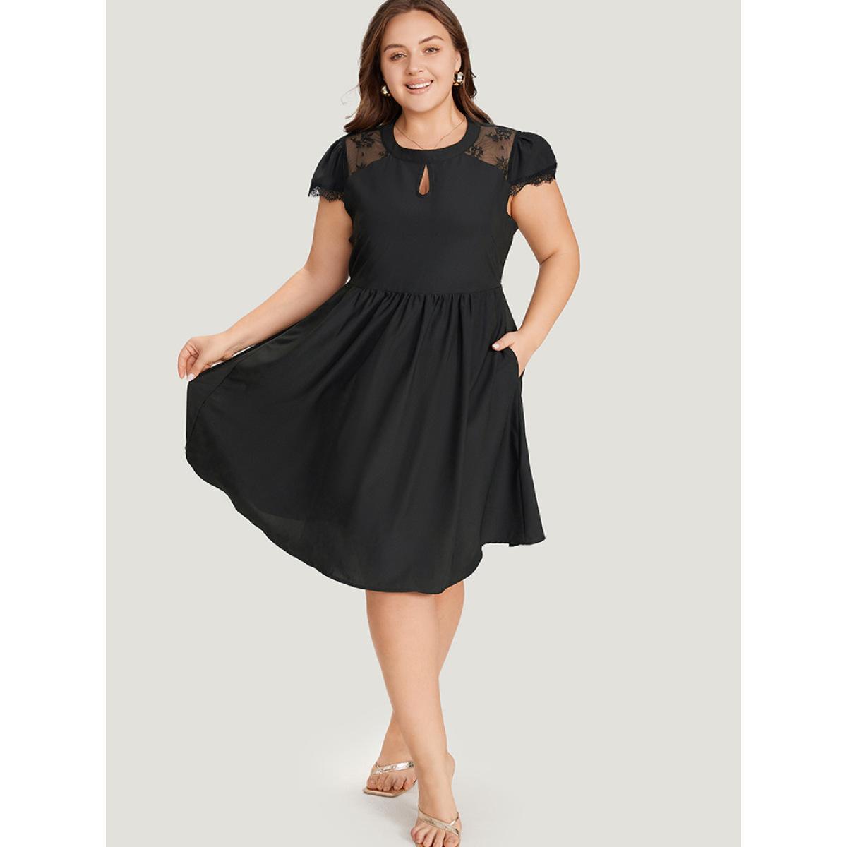 Plus Size Crochet Lace Keyhole Cap Sleeve Gathered Dress Black Women Elegant Round Neck Cap Sleeve Curvy Knee Dress BloomChic 22-24/3X Product Image